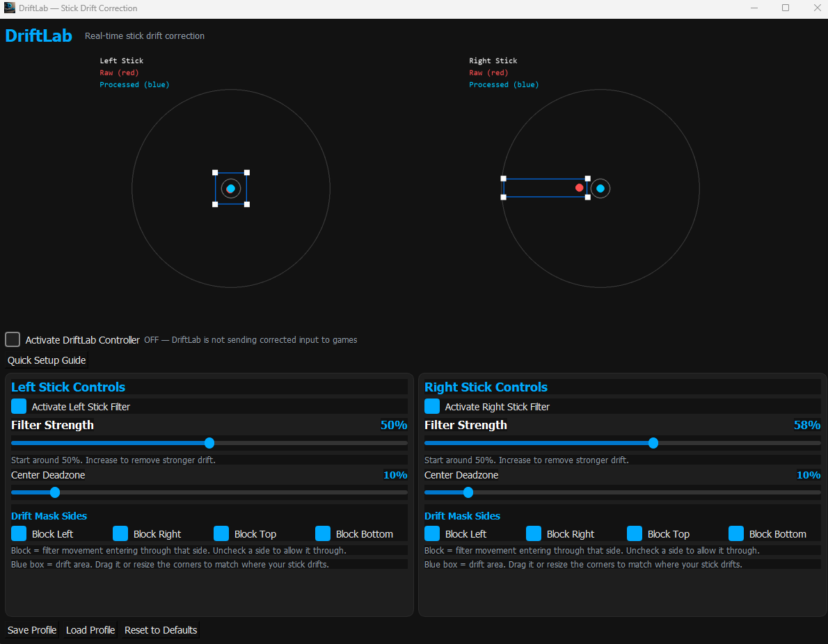 DriftLab app showing raw drifting stick input and corrected output for the left and right sticks